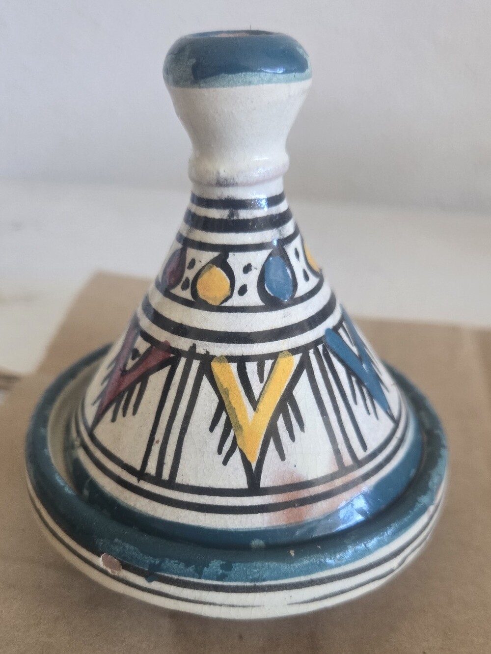 Hand-Painted Ceramic Mini Tagine in Teal, Yellow & Red
